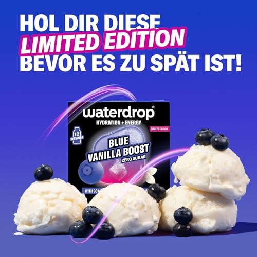 waterdrop® Microenergy Blue Vanilla – 36 Waterdrop Drops Würfel mit 90mg natürlichem Koffein – Energy Drink Getränkepulver zuckerfrei & kalorienarm - koffeinhaltiger Energie-Booster mit Vitamin C & B 6