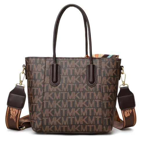 Image of Diva Dale Monogram Print Handbag, Brown Leather Shoulder Bag with Decorative Scarf, Double Handle Tote with Gold Hardware and Detachable Strap