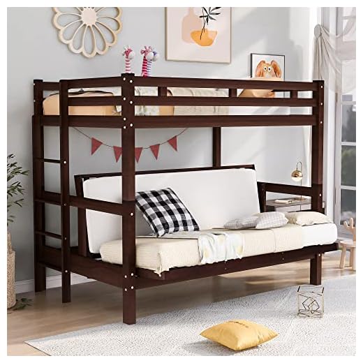 GLORHOME Twin Over Full Bunk Bed,Solid Wood Bottom Bed Convertible Futon Bedframe Daybed with Ladder and Safety Guardrails, Space Saving Bedroom Furniture for Teens Adults