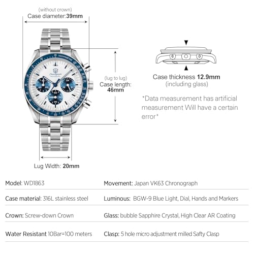 Image of watchdives WD1863 Men Chronograph Watch Japan VK63 Quartz Sports Watches 40mm Bubble Sapphire Crystal Wristwatch 100M Dive Watch