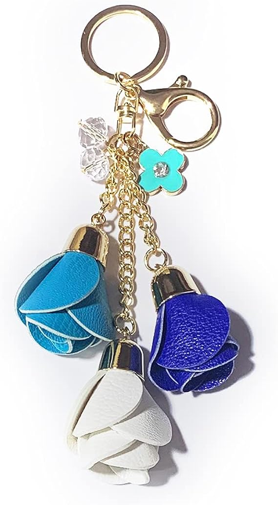 Amazon Co Jp バッグチャーム ブルー系 キーホルダー キーリング 花 3連 ミニバラ 薔薇 ピンク ガーリー チェーン Puレザー シンプル おしゃれ チャーム High シューズ バッグ