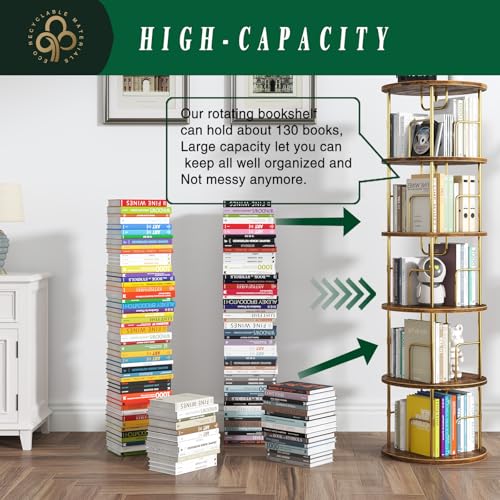 5Tier Rotating Bookshelf, 360 ° Display Stackable Spinning Bookshelf Tower,Round Space Saving Tall Floor Standing Swivel Bookcase Corner Storage Organizer for Bedroom/Living Room/Office,Gold - Image 3