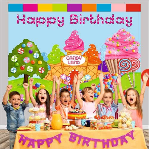 Image of Candy Land Theme Backdrop | Backdrop for Birthday Decoration | Happy Birthday Banner for Kids (Pack of 1, Multicolor, Size: 5x4 Feet)