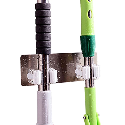 Amaoma Ganchos de armazenamento para vassouras, cabide de vassouras e esfregões, estantes organizador para esfregona vassoura escova autocolante 3M para casa, armário, cozinha, garagem (branco)