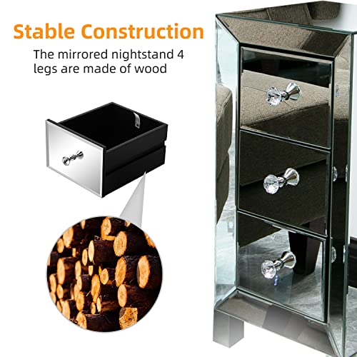 Mirrored Nightstand, Mirrored End Table with 3-Drawer and Crystal Style Knobs, Modern Deluxe Mirrored Bedside Table for Bedroom, Living Room, Small Place, Silver, 11.81" L x 11.81" W x 23.62" H - Image 5