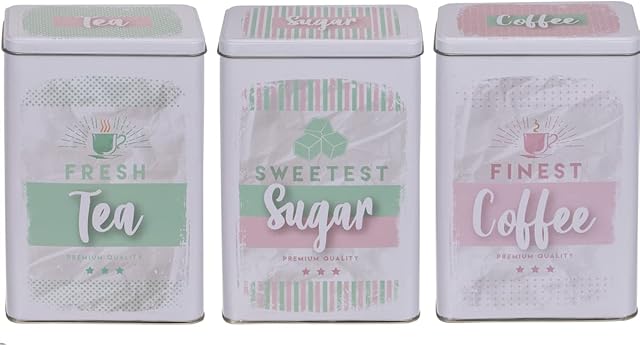 Almineez Retro Set of 3 Stainless Steel Tea Coffee Sugar Jar Canisters Kitchen Container Tins Storage Organiser Set Air Tight Vintage Design (Pink)