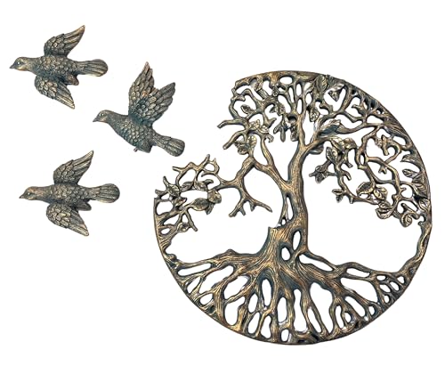 Top Brass Tree of Life Wall Plaque with 3 Free Flying Birds Decorative Celtic Spiritual Garden Art Sculpture