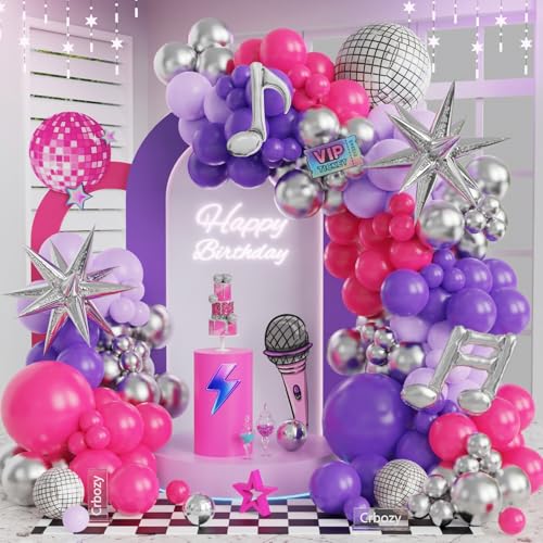 Music Hunter Balloon Arch Kit - 153Pcs Kpop Party Decorations with Disco Ball and Music Note Balloons Pink Purple Silver Balloons for Disco Music Prom Fan Gatherings Girls Birthday Party Decorations