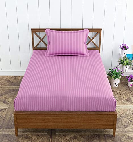 Image of Trance Home Linen 100% Cotton 72x36 inch Single Fitted 200TC Satin Stripe Elastic Fitted Bedsheet | Single Bed Size Daily use Fitted Bedspread with 1 Pillow Covers (72 inchx36 inch | 6x3 feet,Rose Pink)