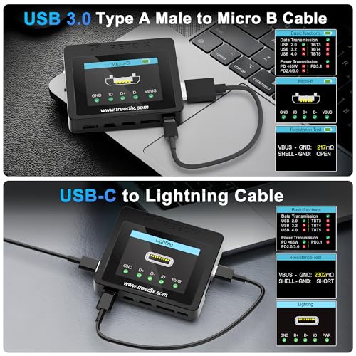 Treedix Testeur de câble USB, écran d'affichage couleur de 6,1 cm, testeur de câble USB C, testeur de câble, test de résistance, marqueur électronique de type C pour Micro-B 2.0, Micro-B 3.0, Type-C