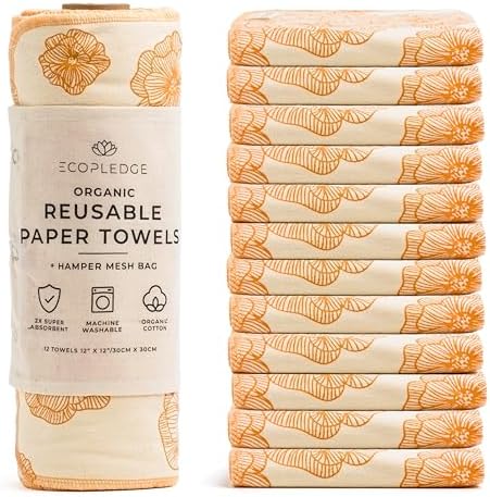 Reusable Paper Towels Washable Roll - Thick 12-pc Two Layered Ultra Absorbent Paperless Certified Organic Cotton Towels - Large Cloth Kitchen Paper Towel with Hanging Loop