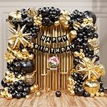 141Pcs Black and Gold Balloon Arch Kit with Happy Birthday Banner for Black and Gold Party Decorations, Graduation, Retirement, Masquerade Party Supplies