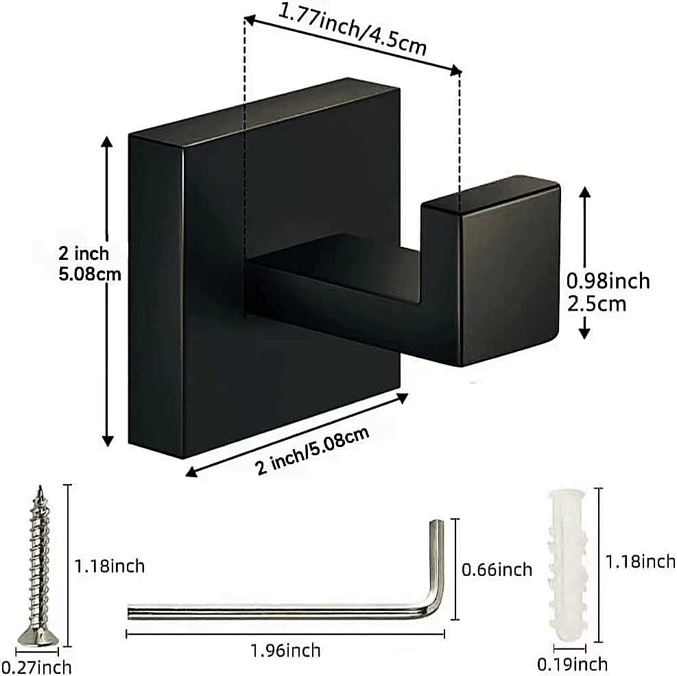 6 Pack Square Towel Hooks for Bathrooms, Black Towel Hook for Kitchen Bathroom, SUS304 Stainless Steel Coat Hook, Heavy Duty Holder Robe Hooks for Hanging Towels, Coats, sponges, Wall Mount