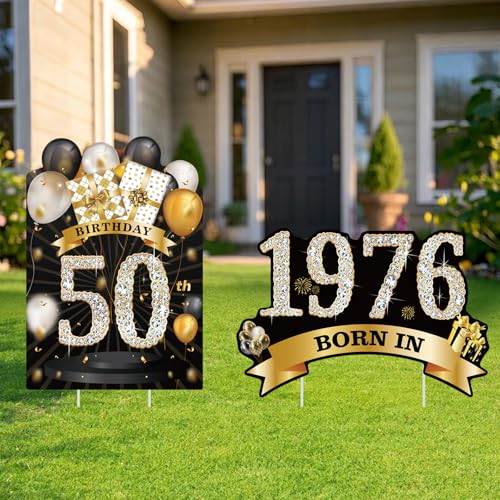 DECEED 2 PCS Happy 50th Birthday Yard Signs Birthday Outdoor Decorations for Men and Women born in 1976 Lawn Sign Black Gold Fifty Year Old Birthday Yard Decor with Stakes(BlackGold)