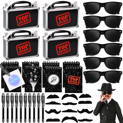 44Pièces Détective Pinata Anniversaire Fille Garcon avec Stylo Encre Invisible Sac Cadeau Carnets de Notes Lunettes de Soleil Moustache Jeu de Rôle Kit...