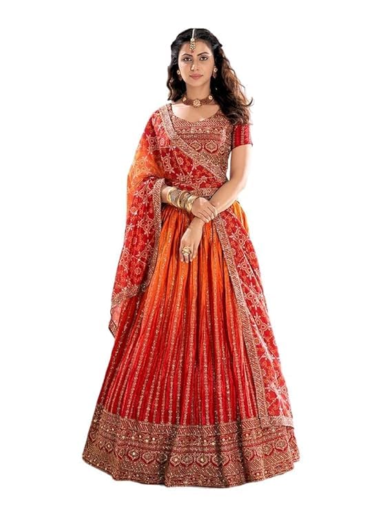 Women's Chinon Silk Embroidered Fabric Work Lehenga Choli With Dupatta (GS3194-Orange-wedding-bridal-latest-Semi-stich), Customizable Length