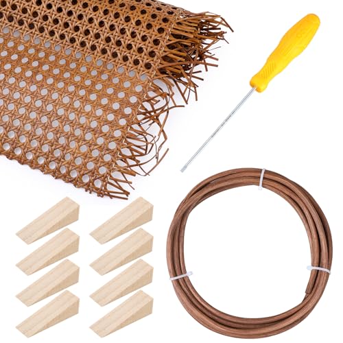 Leriton Rattan Repair Kits with 1 PC 14 Inch x 3.3 Feet Cane Webbing Roll, 1 PC 1/5 Inch Cane Webbing Spline & Caning Chisel, 8 Wooden Wedges for Chair, Cabinet, Home Caning Furniture Repair