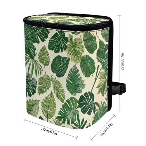 Image of Talayituse Tropical Monstera Palm Leaves Print Car Trash Bin, Large Size Auto Trash Can Adjustable Portable Garbage Can with Lid, Vehicle Hanging Bag for Headrest Front Back Seat
