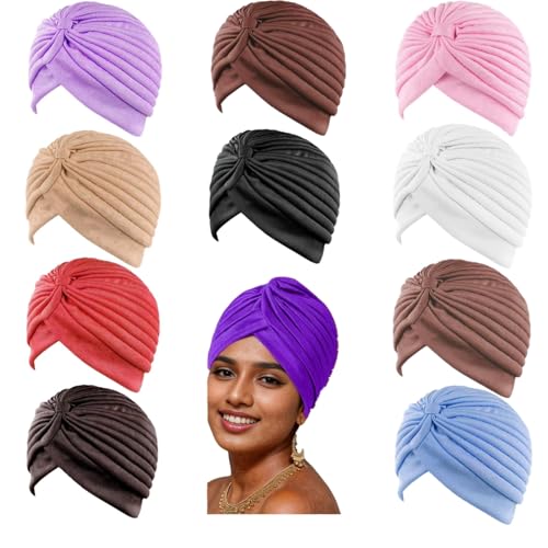 10 PCS Stretchy Turban Caps for Women, Chemo Head Wraps, Cancer Headwear, Twisted India Hats, Assorted Colors (Package A)