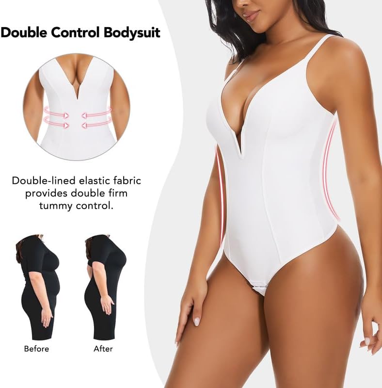 SHAPERIN Women's Deep V Neck Bodysuit Double Lined Plunge Tummy Control Shapewear Thong Body Suits Backless Cami Tank - Image 4