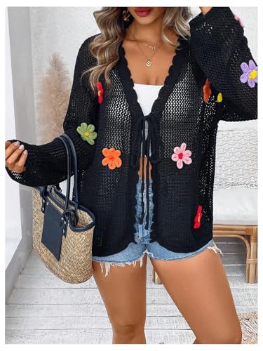 SOLY HUX Women's Plus Size Hollow Out Floral Tie Front Cardigan Sweater Knit Long Sleeve Shirts Lightweight Outerwear2