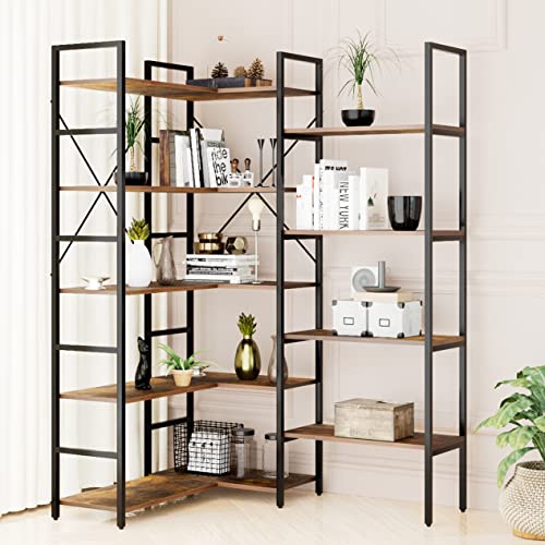 Oneinmil Bookcases And Bookshelves - Triple Wide 5 Tiers Corner Bookshelf, Large Etagere Industrial Bookshelf Open Display Shelves With Metal Frame For Living Room Bedroom Home Office #TOP2