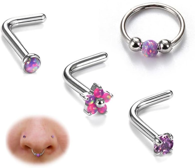 BodyBonita Opal Nose Rings for Women - 316L Surgical Steel Nose Hoops Piercing 20G 18G 16G Septum Rings L Shaped Nose Studs Jewelry Cartilage Conch Daith Helix Tragus Earrings 8/9/10mm 4Pcs 4Pcs