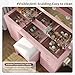 Yanosaku 15 Drawers Vanity Desk with Power Outlet, Makeup Table with Mirror and 13 LED Lights, 3 Color Lighting Modes, Brightness Adjustable, Glass Top Dressing Table, Vanity Set for Bedroom, Pink
