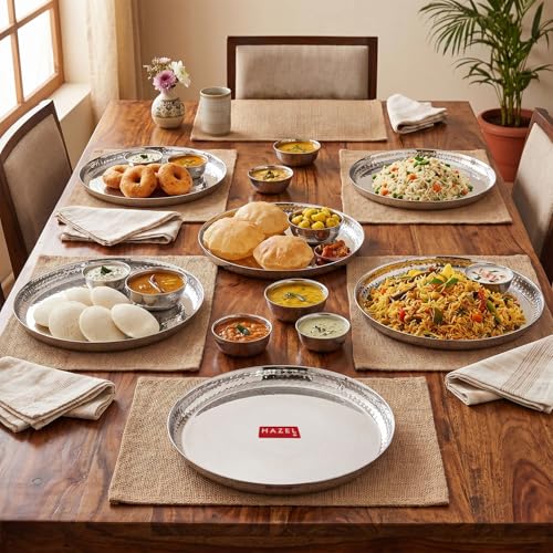 Image of HAZEL Stainless Steel Dinner Plate 30.2cm | Stylish Hammered Walls Thali for Lunch, Tiffin Plates, Ideal for Home, Office & Restaurant, Pack of 6