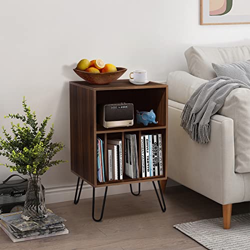 Woodyhome Record Player Stand With Storage Vinyl Record Storage Stand Up To 100 Albums Mid Century Modern Turntable Stand With Metal Legs Brown Record Player Table For Living Room Bedroom, Brown #TOP2