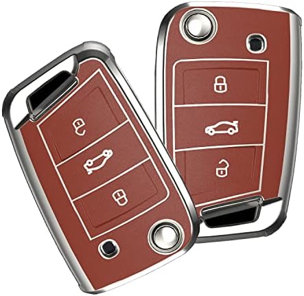 OATSBASF Car Key Cover for VW Golf 7 Key Box/Key Case Cover for VW, Polo, Skoda, Seat, 3 Buttons (Silver Leather)