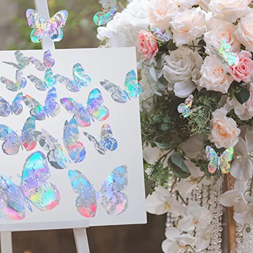 3D Butterfly Decorations Holographic Silver Butterfly Wall Decor Stickers Party, 24 Pcs Butterfly Stickers Butterflies Iridescent Decals Cake Decor for Kids Baby Bedroom Decor Decor (Dazzle)