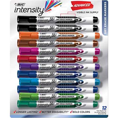 BIC Dry Erase Markers, Fine Bullet Tip, 12-Count Pack of Assorted Colors, Whiteboard Markers for Teachers and Office Supplies...