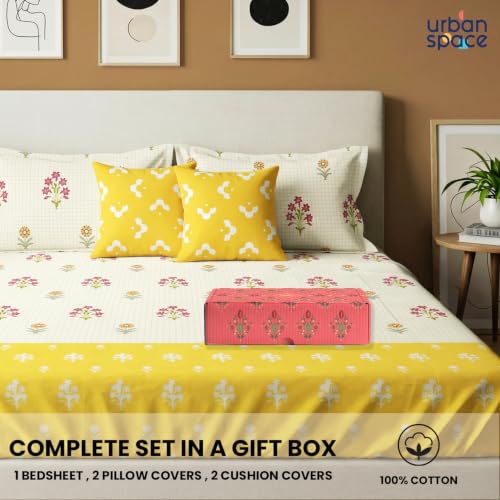 Image of Urban Space Festive Gifting Set - 100% Cotton Double Bedsheet with 2 Pillow Covers and 2 Cushion Covers, Bedsheet Set in Gift Box, 90 x 100 Inch, Magnolia Yellow| Diwali, Festive & Housewarming Gift