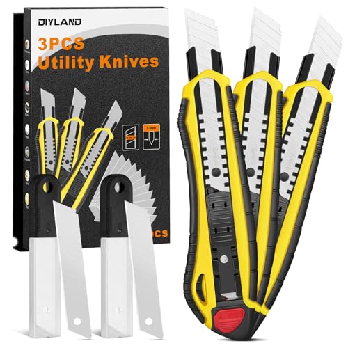 DIYLAND 3 Cutters Professionnels Avec 20 Lames Supplémentaires En Acier Au Carbone, Cutter Lame Sécable, Cutters Professionnels En Métal Avec Poignée En Caoutchouc Pour Couper Le Papier, Le Carton
