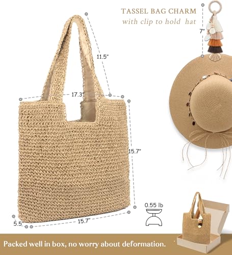 RUNROLE Straw Beach Tote Bag with Tassel Hat Clip for Travel Vocation, Lightweight Raffia Summer Shoulder Bag for Women3