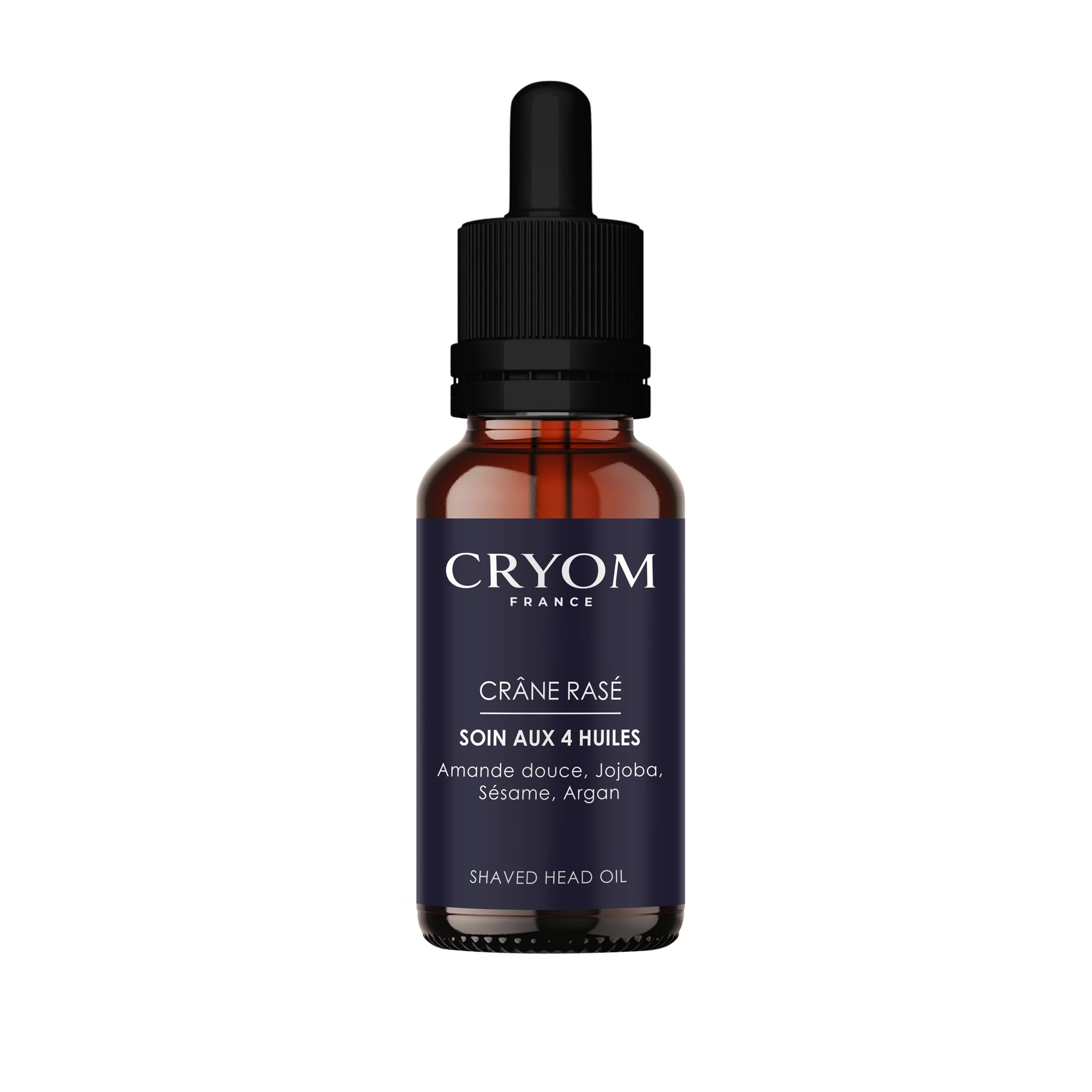 Huile pour crâne rasé, tondu ou chauve (huiles d'Amande douce, Jojoba, Sésame et d'Argan), flacon pipette de 30 ml, 99% d'ingrédients d'origine naturelle, cosmétique pour hommes.