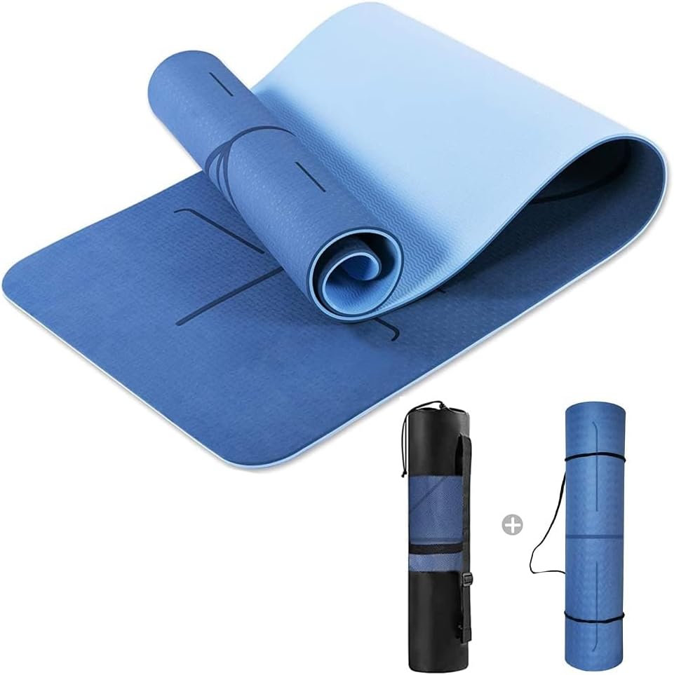 Yoga Mat, Non Slip Pilates Fitness Exercise Mat with Alignment Marks for Women Men, 183 x 61 x 0.6cm Thick Eco Friendly TPE, Carrying Strap & Storage Bag Included