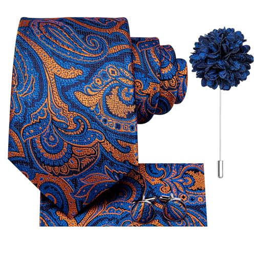 Image of Hi-Tie Men's Tie Lapel Pin Set Pocket Square Cufflinks Formal Woven Silk Tie Sets Wedding Party