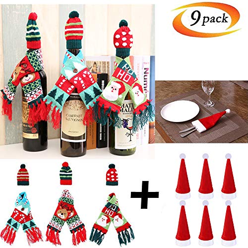 Geenber Couverture de Bouteille de vin pour Chandail de Noël, 3 pièces en Tricot pour Chandail de Noël, décoration de fête, avec 6 Sacs à Couverts