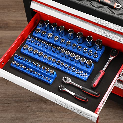 Casoman Magnetic Socket Organizer, 3 Piece Socket Holder Kit, 1/2-Inch, 3/8-Inch, 1/4-Inch Drive, Holds 75 Metric Sockets, Blue Color, Professional Quality Tools Organizer, Socket Not Included #TOP6
