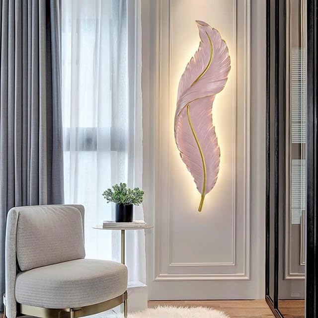 Image of Modern Pink Decorative 3-Color LED Warm White, Natural White & Cool White LED Feather Design Wall Lamp Sconce for Living Room, Bedroom, Hallway, Hotel, Staircase, Drawing Room,Reception