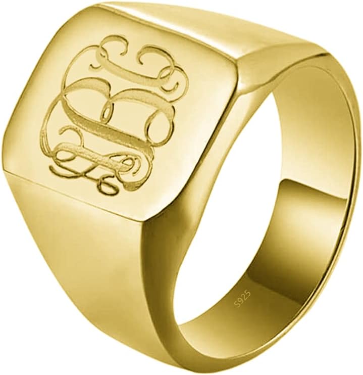 Personalized 925 Sterling Silver Signet Radiant Monogram Rings Large Ring Custom with 3 Initials