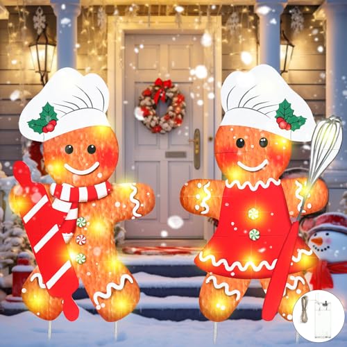 Memorywuu 2 Pcs Christmas Decorations Outdoor Large Chef Gingerbread Metal Yard Stakes with LED String Lights Cooking Gingerbread Man Yard Sign for Xmas Lawn Garden Front Door(Classic,Red)