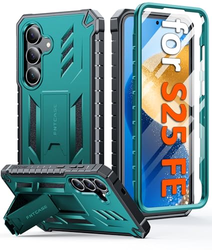 FNTCASE for Samsung Galaxy S25-FE Case: Military Grade Drop Proof Protection Mobile Cover with Kickstand | Matte Textured Rugged Shockproof TPU | Protective Sturdy Phone Case Green