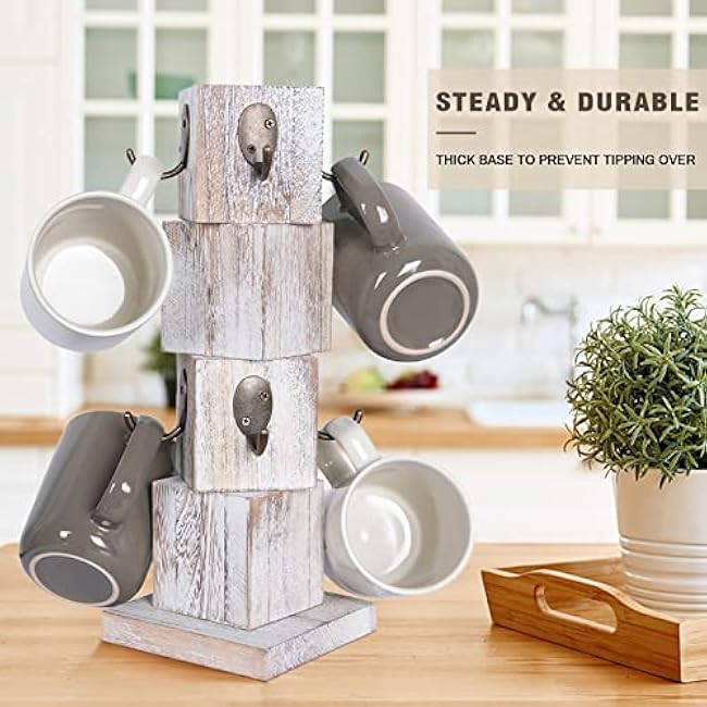 Coffee Mug Holder Tree, Rustic Solid Wood Mug Tree Stand with 8 Hooks, Farmhouse Coffee Cup Holder for Counter, Mug Hanger for Kitchen Organizer, Farmhouse White