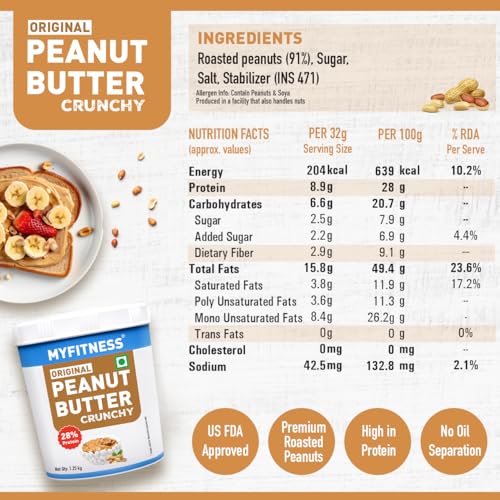 Image of MYFITNESS Original Classic Peanut Butter Smooth 1.25kg | 25g Protein to Boost Energy | Healthy Nut Butter Spread | Vegan | Cholesterol Free, Gluten Free | Zero Trans Fat | Peanut Butter Crunchy