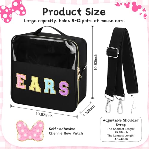 Letter Bow Mouse Ears Travel Case, Park Ears Headband Holder Hair Accessories Organizer Bag for Girls Women Kids Adults, Large Makeup Bag Snack Bags with Zipper for Travel Picnic (Black)2