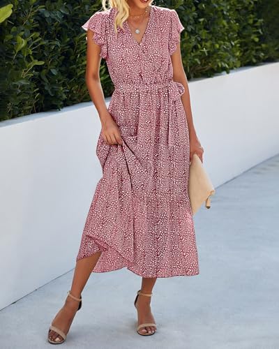 Image of BTFBM Women Summer Bohemian Floral Casual Wrap V Neck Ruffle Cap Sleeveless Belt A-Line Pleated Hem Midi Sun Dress White