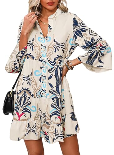 Image of Opemiby Summer Dresses for Women 2026 Flowy Ruffle 3 /4 Sleeve V Neck Tiered Casual Babydoll Boho Beach Mini Dress